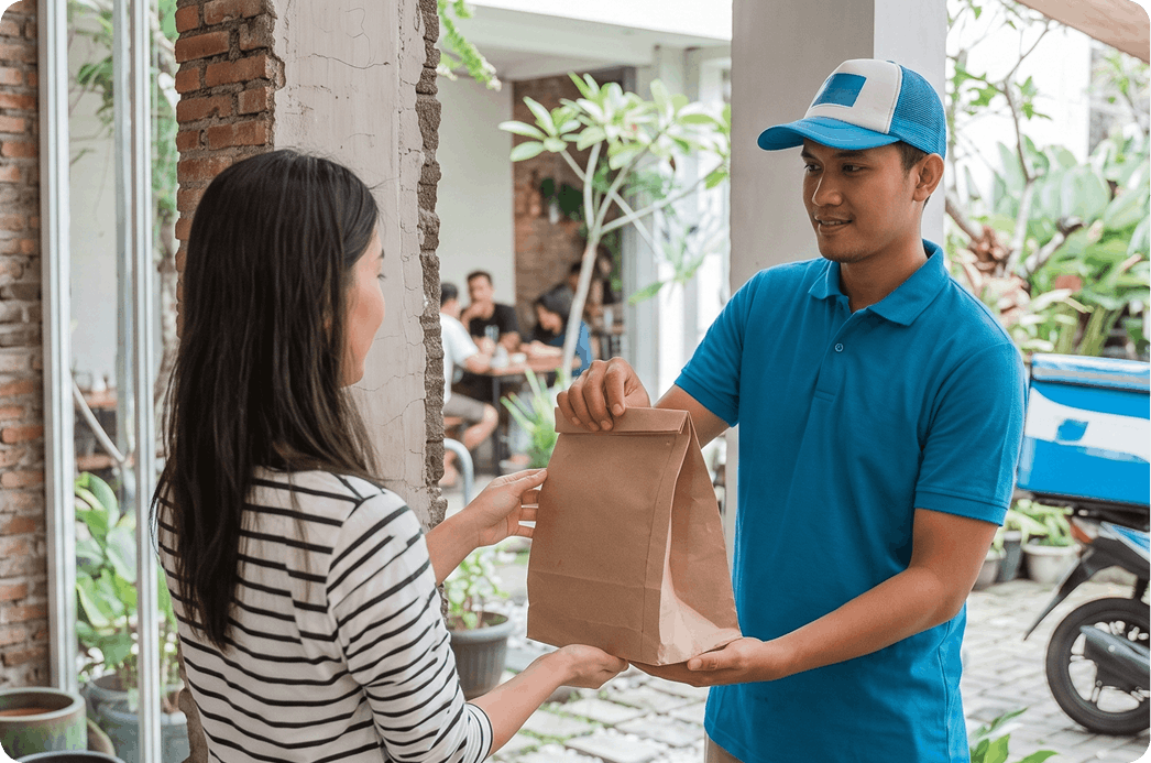 Delivery courier handing a takeout bag to a customer outside a restaurant