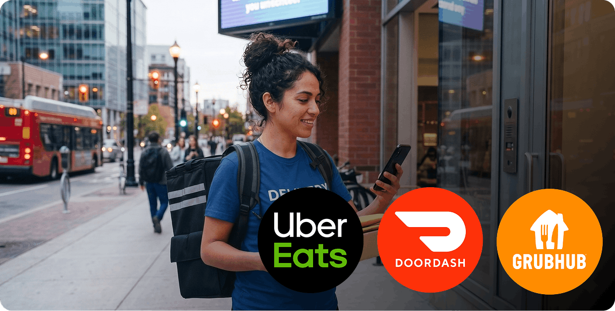 Delivery driver outside a restaurant using a smartphone with Uber Eats, DoorDash, and Grubhub logos