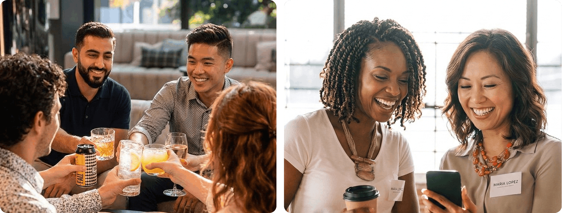 Restaurant customers socializing and checking a smartphone, representing connected delivery and customer engagement