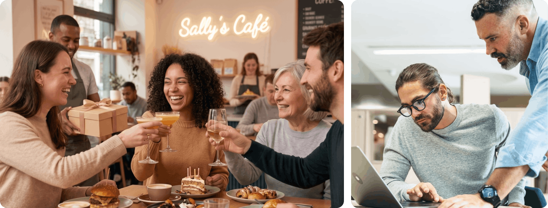 Loyal restaurant guests celebrating and marketers reviewing email campaign results